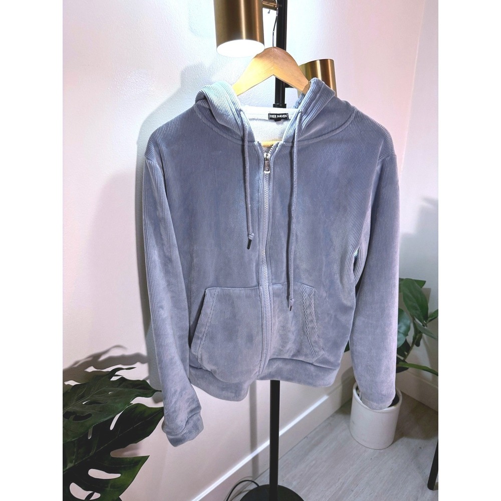 Free Haven Womens Rib Corduroy velour fleece Hoodie Blue XS Stretch Fleece Lined